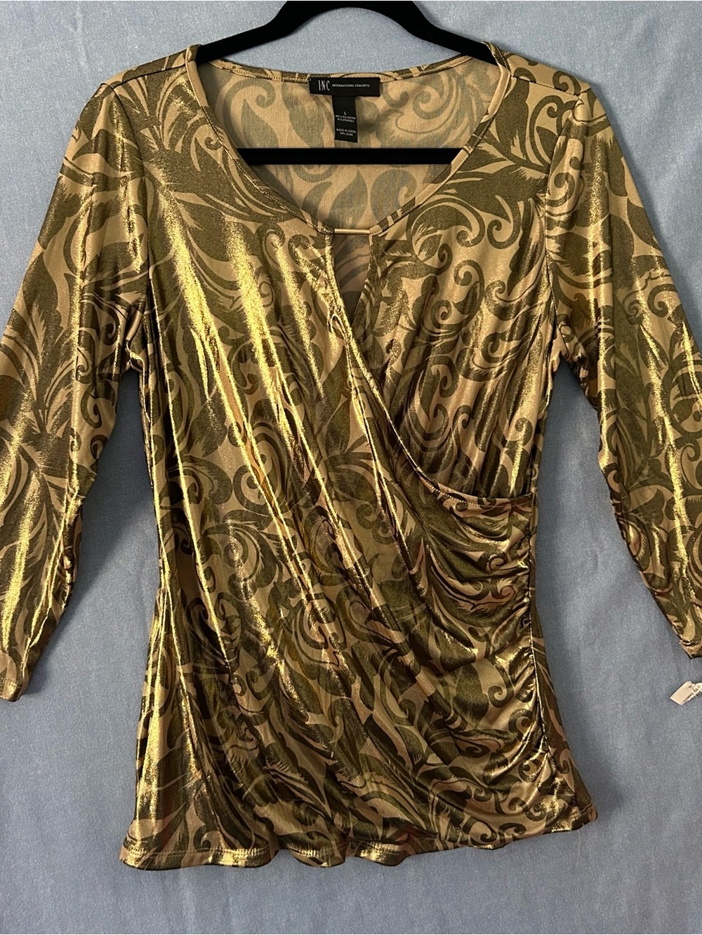 INC International Concepts Gold Metallic Surplice Long Sleeve Top